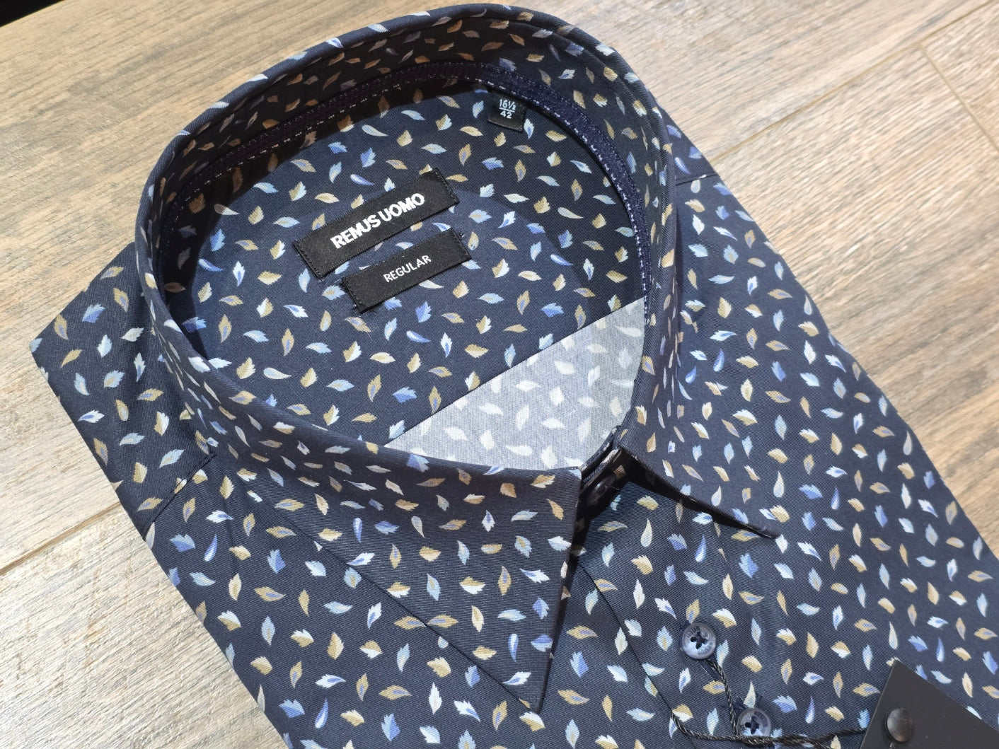 Remus Uomo Regular Navy Leaf print cotton shirt