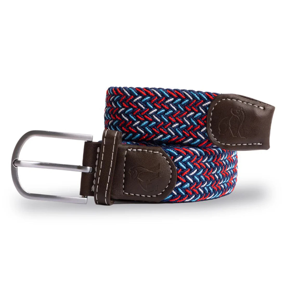 Woven belt with red, blue, and white pattern on a white background