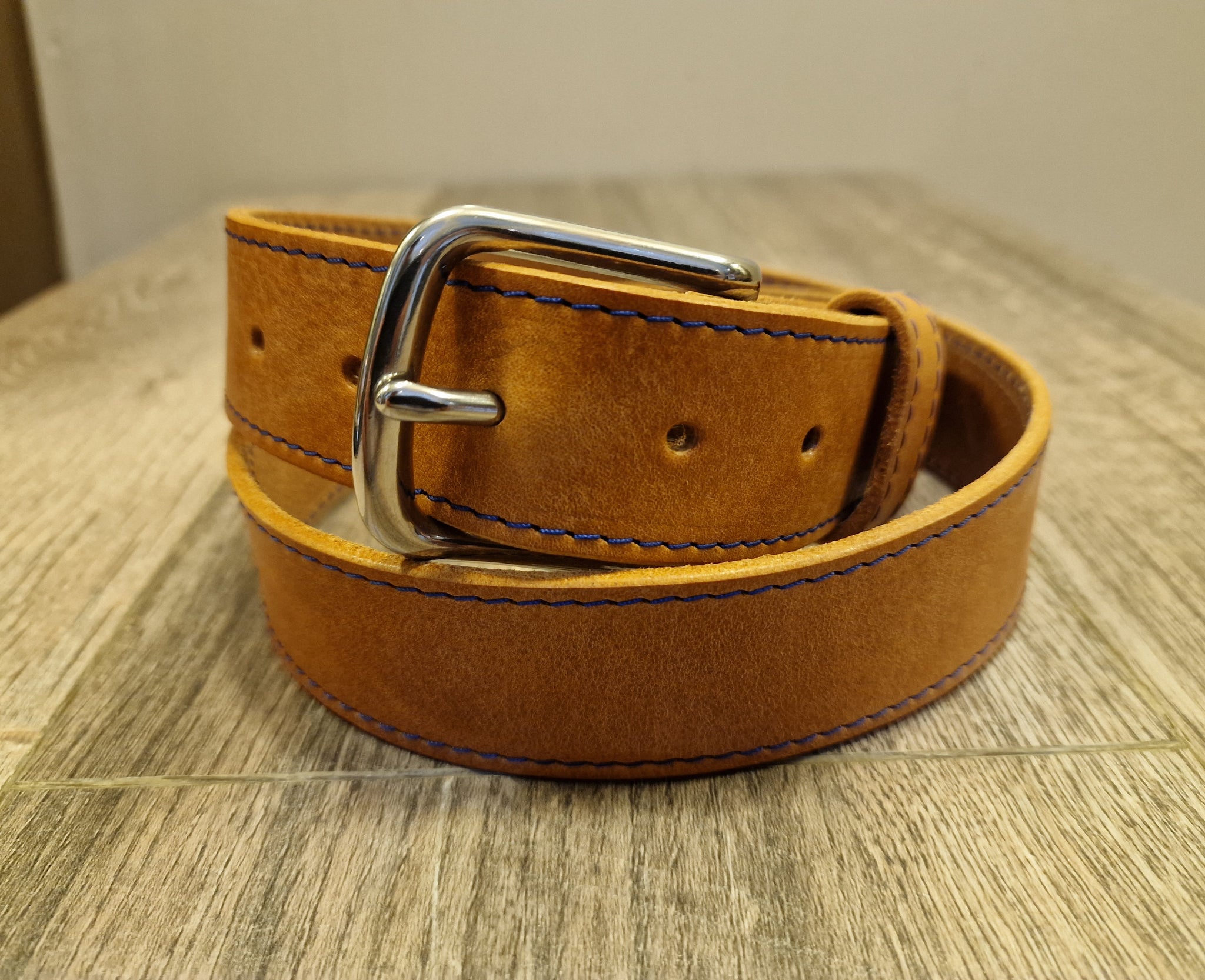 Retreat Clothing Handmade Tan / Blue stitching Leather Jeans Belt