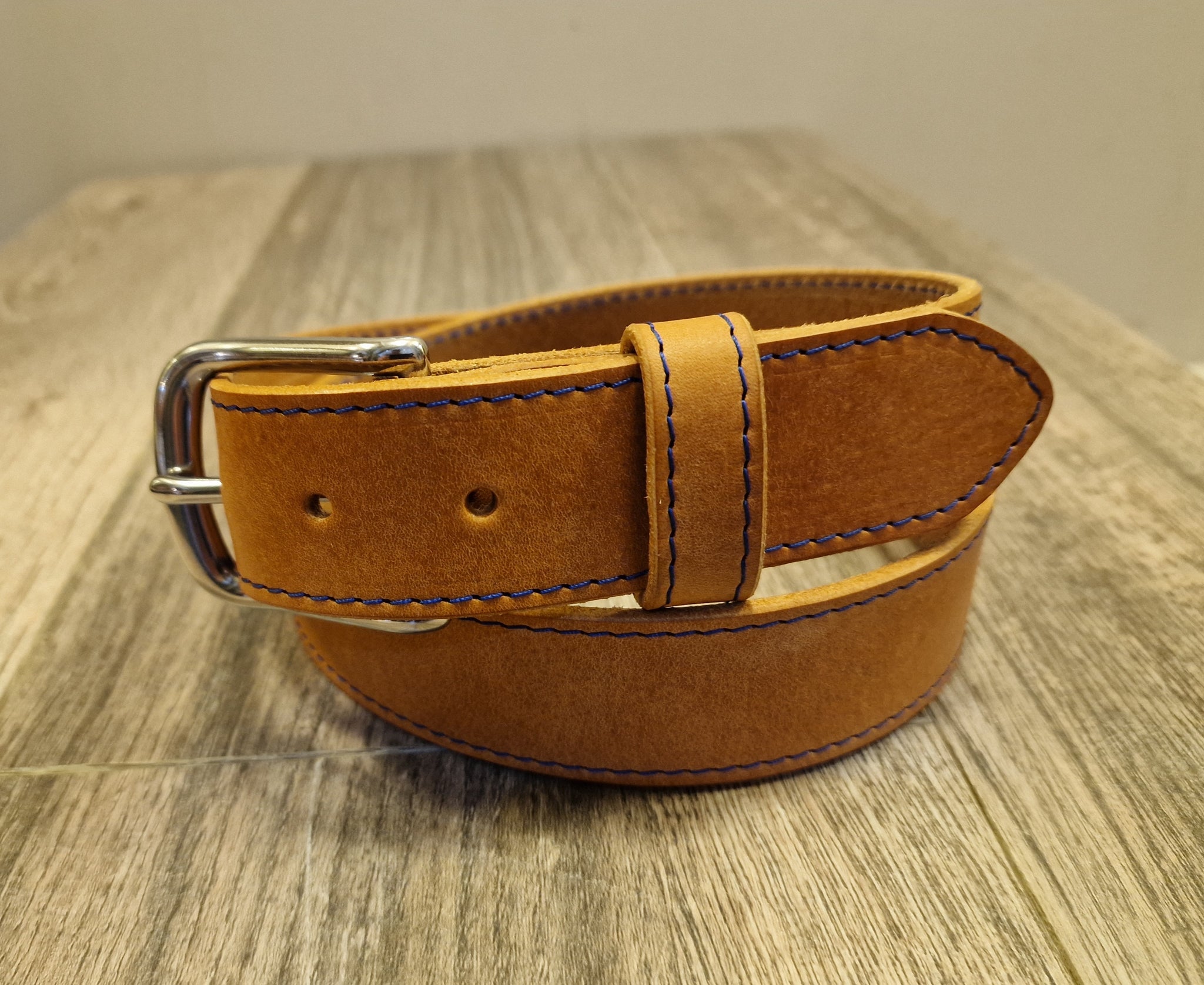 Retreat Clothing Handmade Tan / Blue stitching Leather Jeans Belt