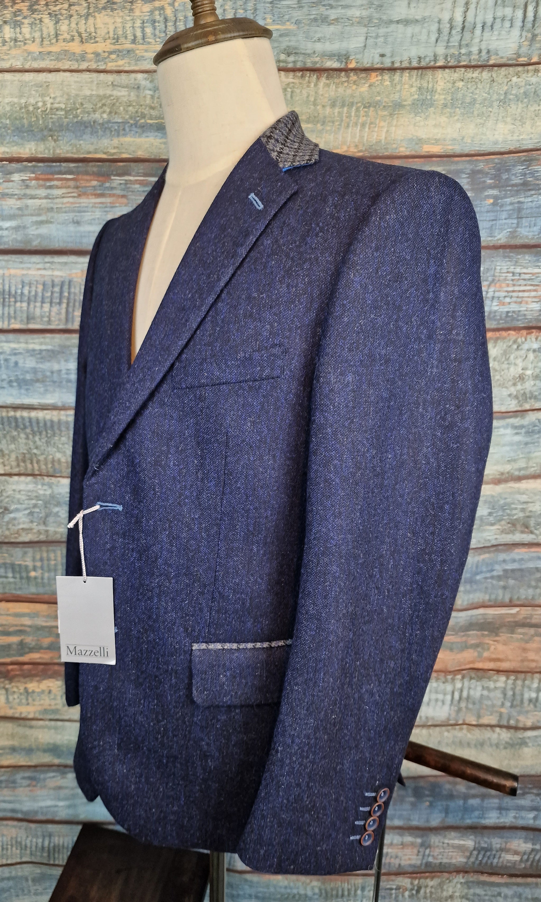 Mazzelli Navy Shetland tweed with Check Collar and trims