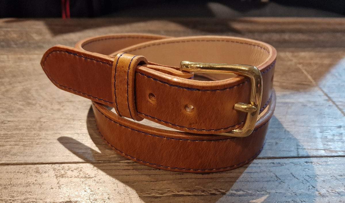 Retreat Clothing Handmade 32mm Tan Leather Belt - blue stitching