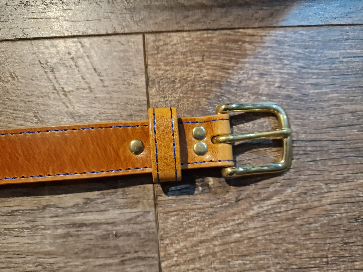 Retreat Clothing Handmade 32mm Tan Leather Belt - blue stitching