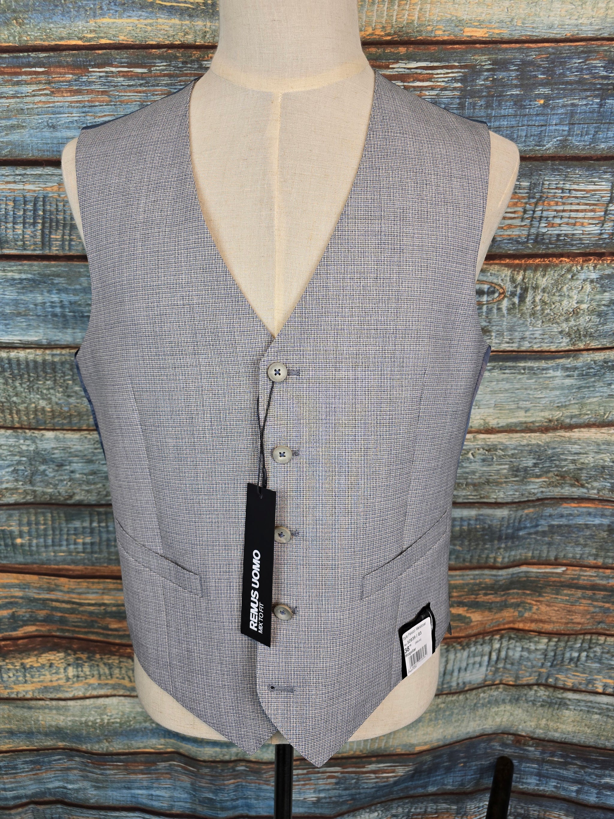 Remus Uomo Light Grey/Blue micro check Tapered Fit 3 piece suit