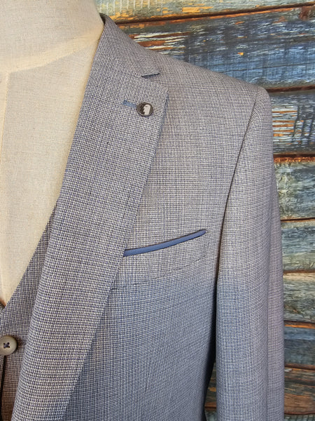 Remus Uomo Light Grey/Blue micro check Tapered Fit 3 piece suit