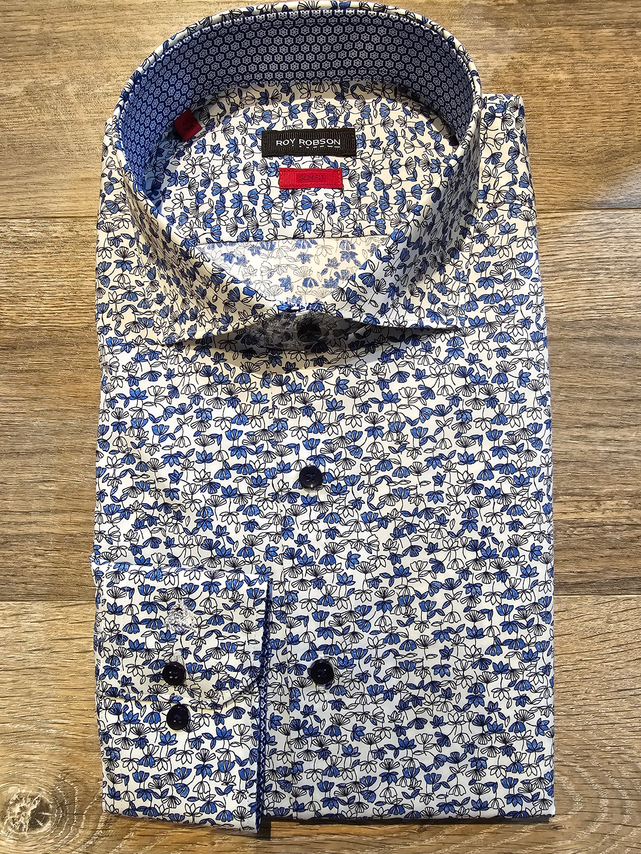 Roy Robson Slim Fit White Cotton with Blue flower Print shirt