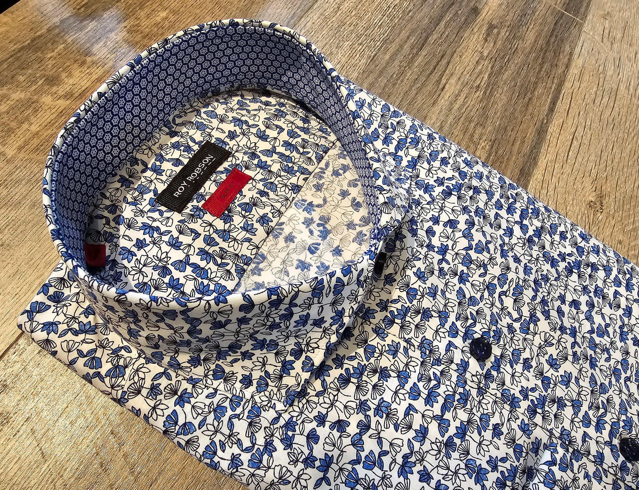 Roy Robson Slim Fit White Cotton with Blue flower Print shirt