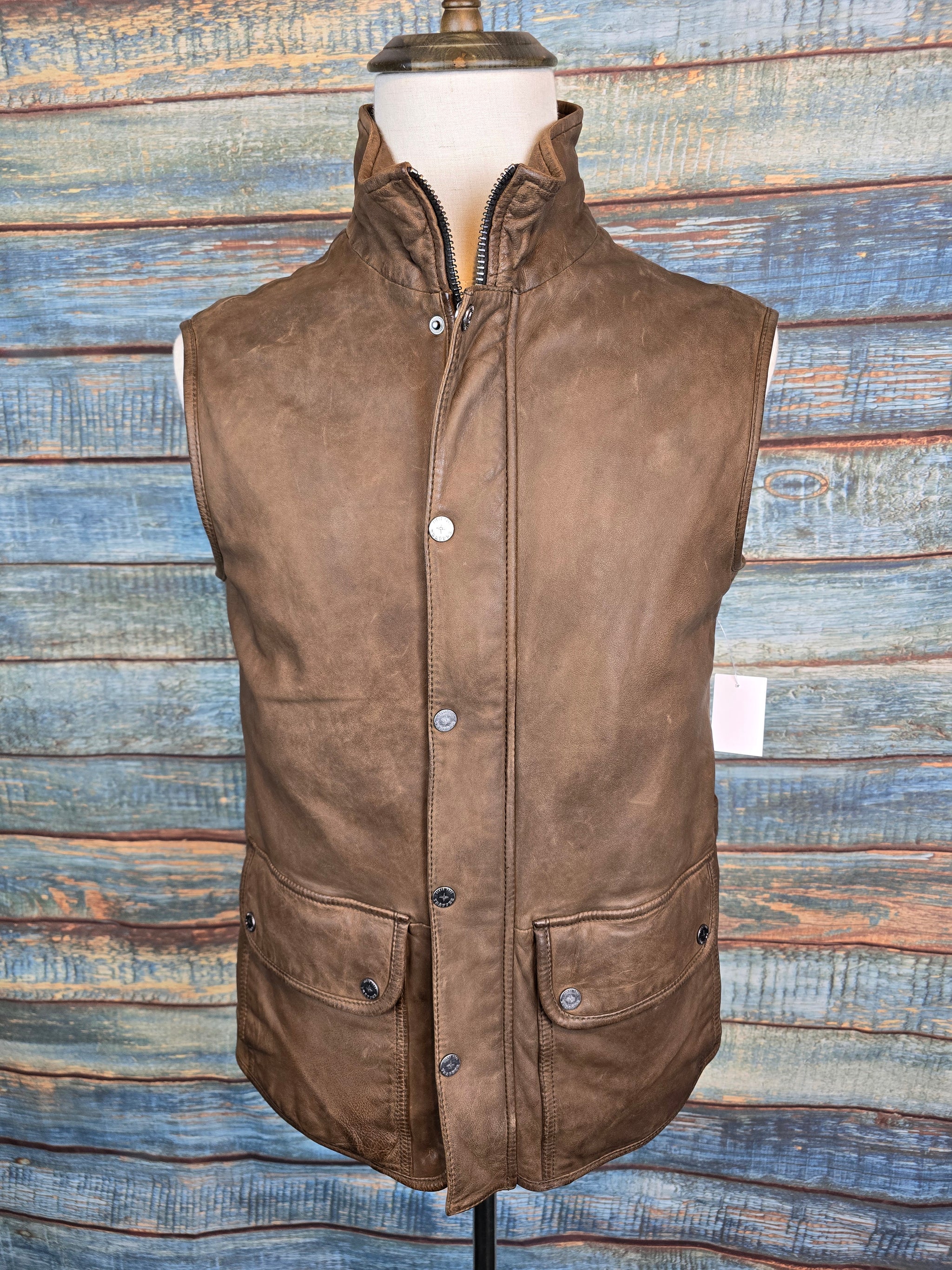 Trapper "M15 Vest" Buff Leather Gilet - Mid-Brown