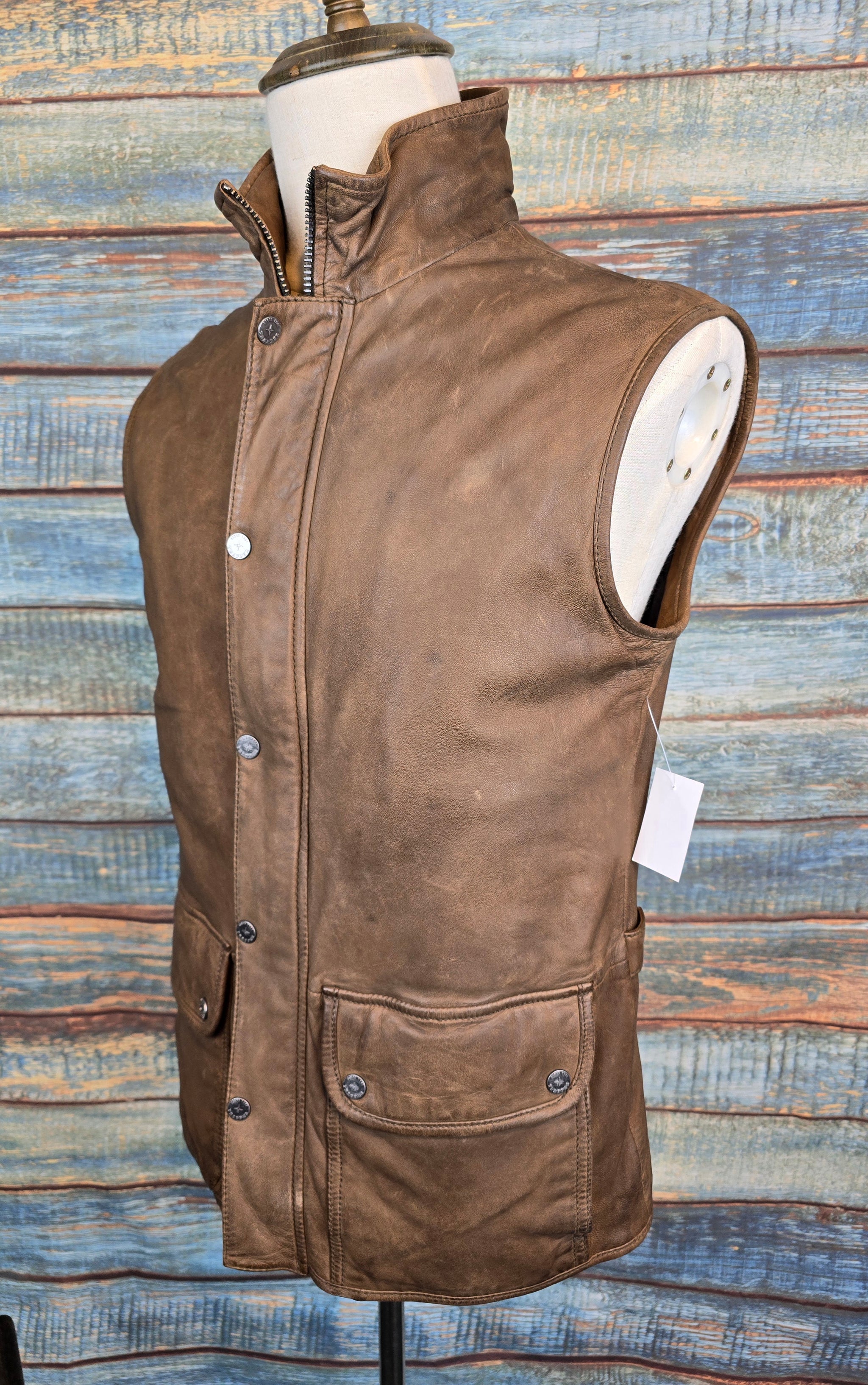 Trapper "M15 Vest" Buff Leather Gilet - Mid-Brown