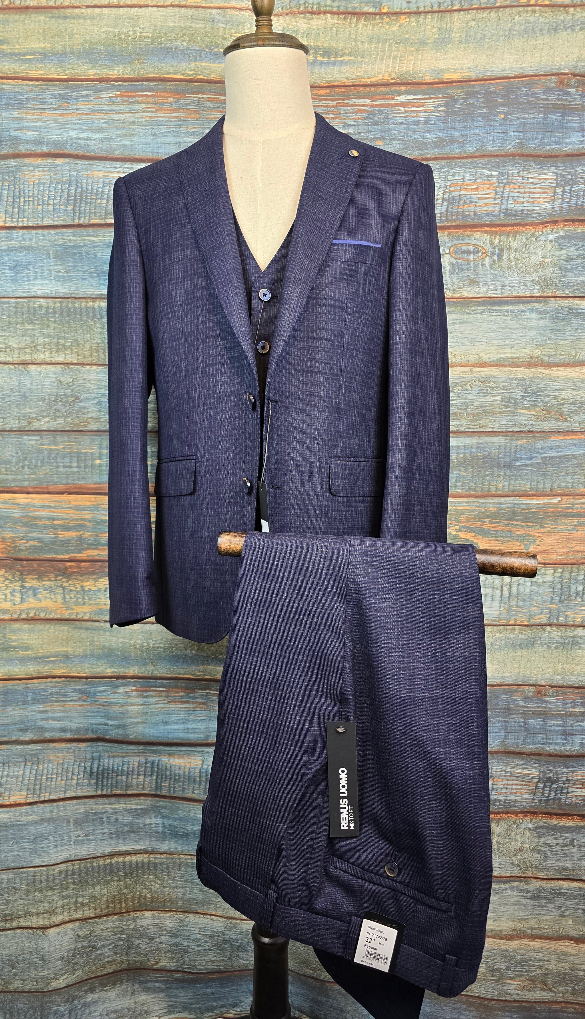 Remus Uomo Navy Check Tapered Fit 3 piece suit