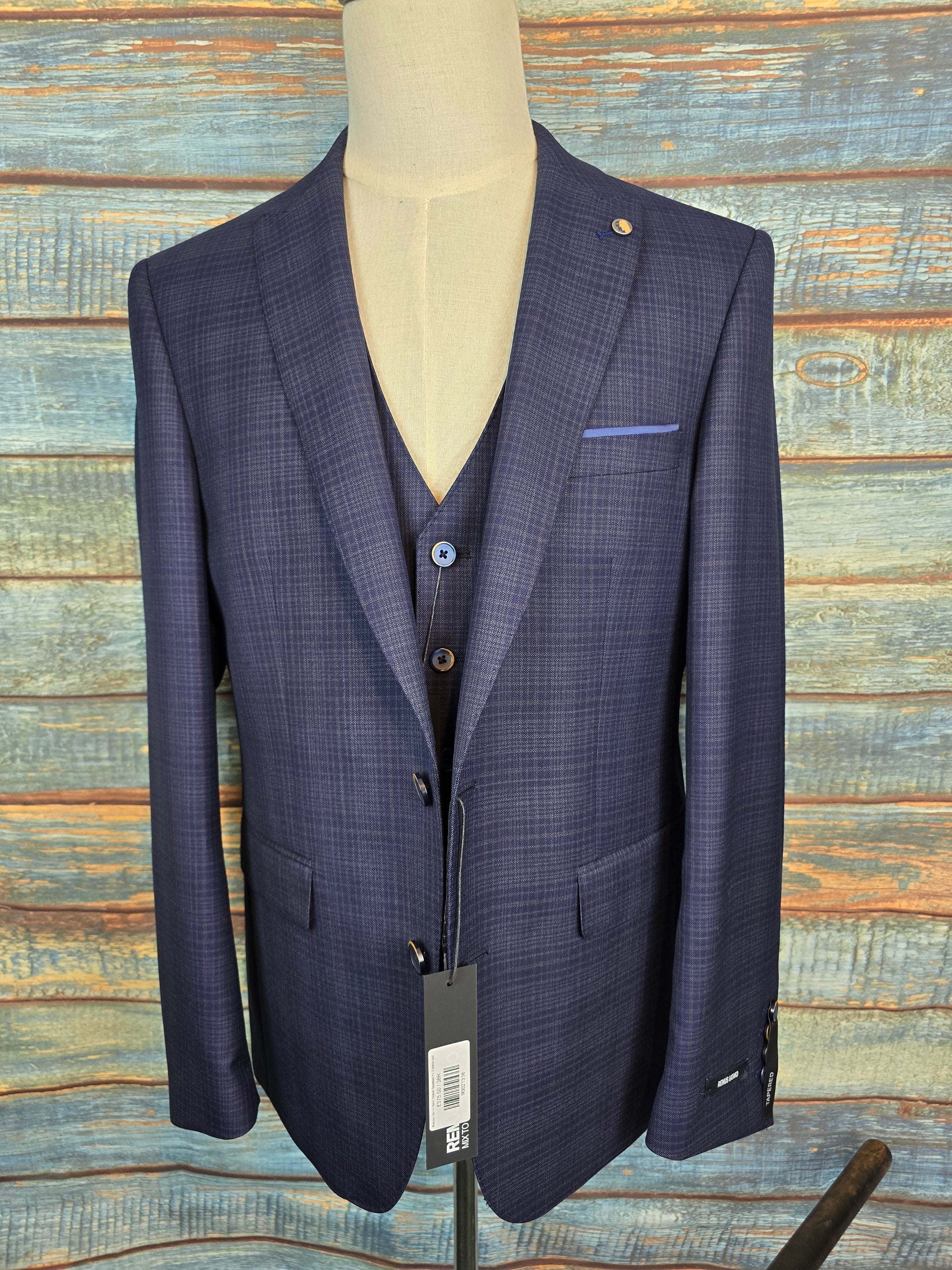 Remus Uomo Navy Check Tapered Fit 3 piece suit