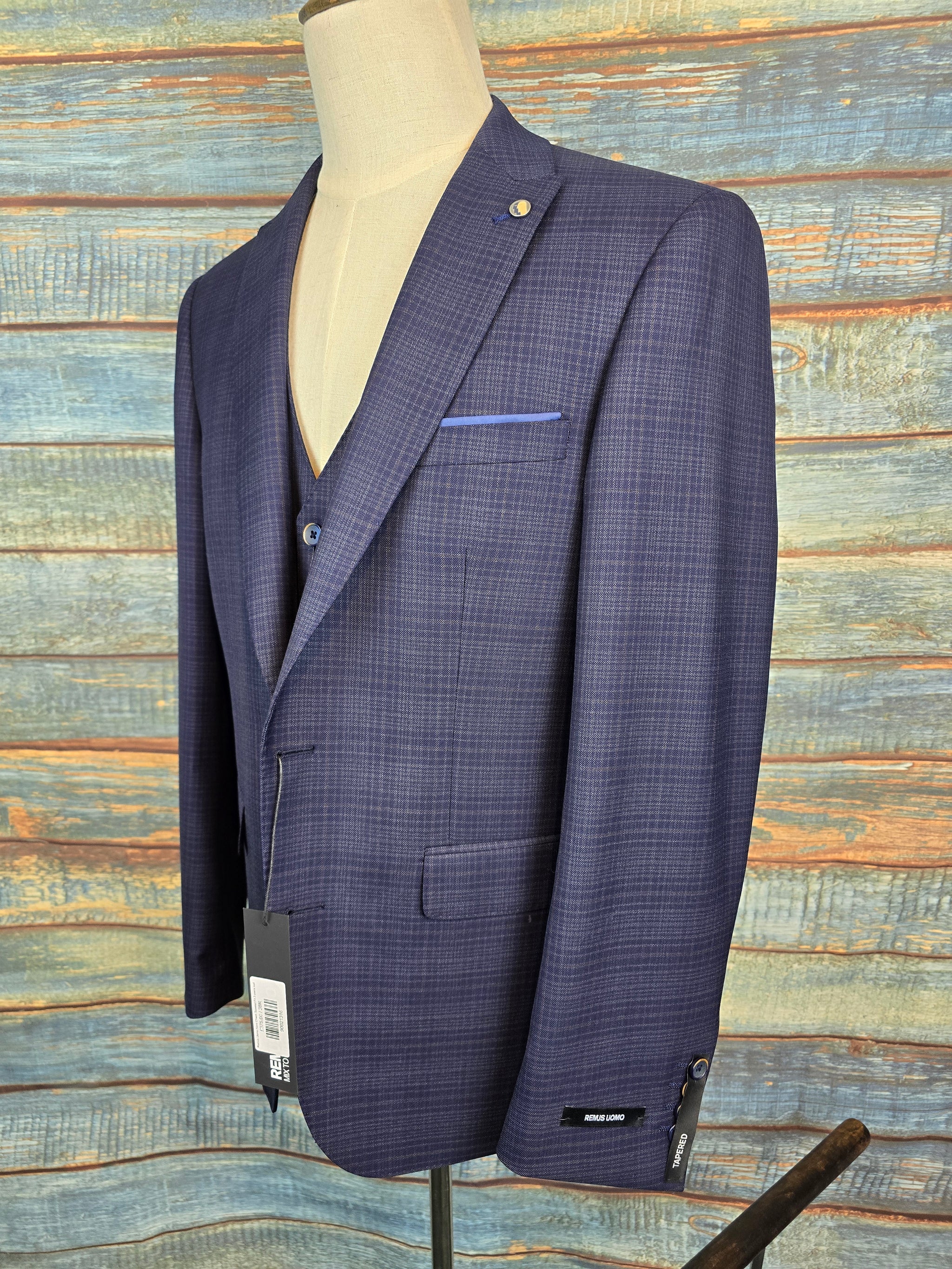 Remus Uomo Navy Check Tapered Fit 3 piece suit