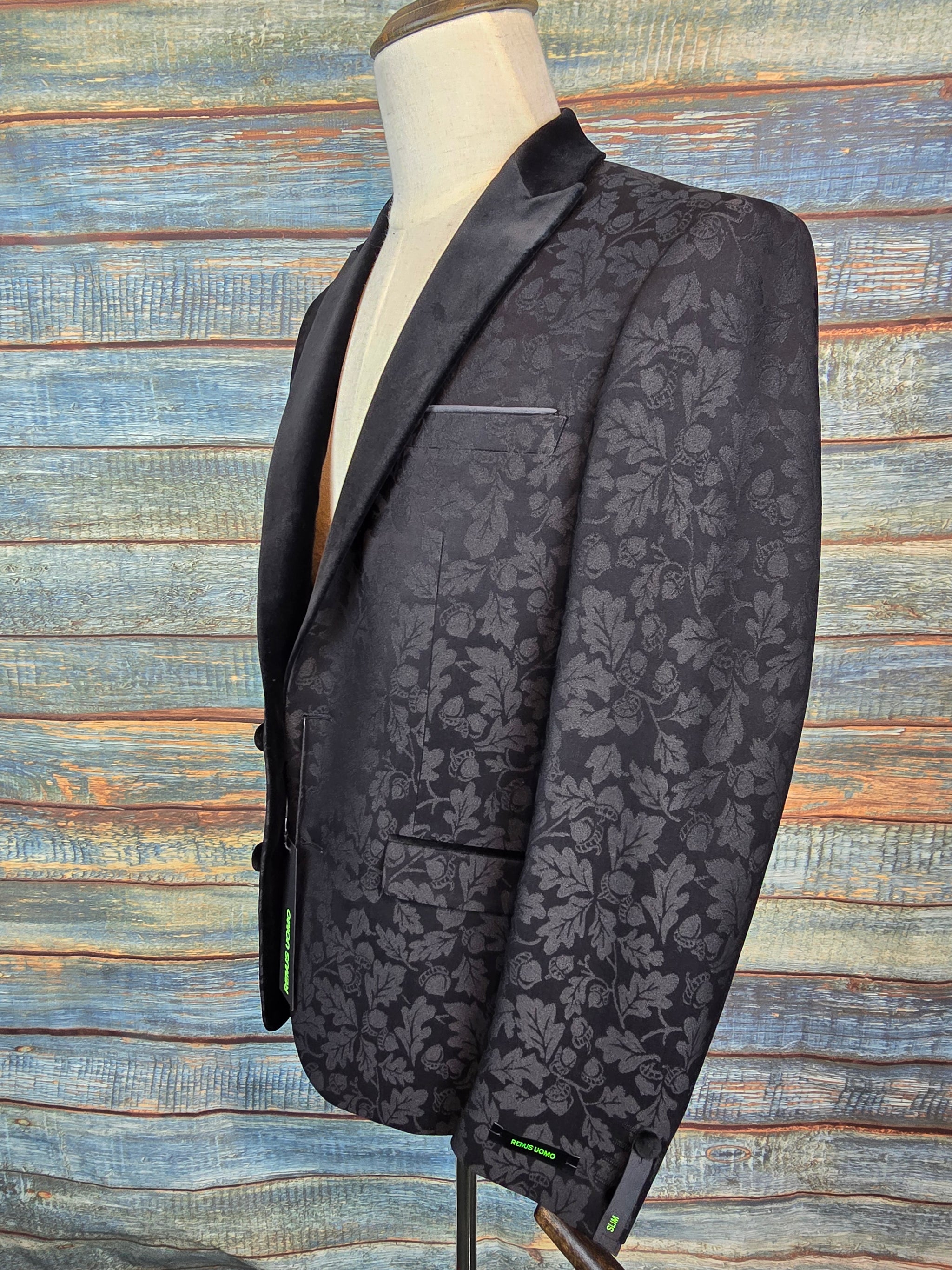 Remus Uomo Slim Fit Black Oak leaf Print Jacket with velvet collar