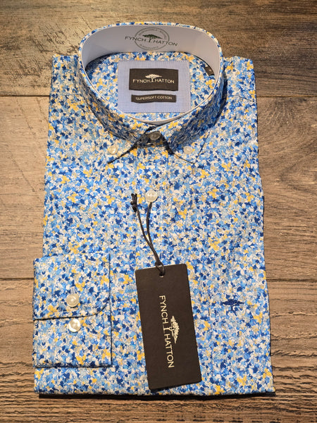 FYNCH-HATTON Button Down Blue/Yellow Floral Print Shirt