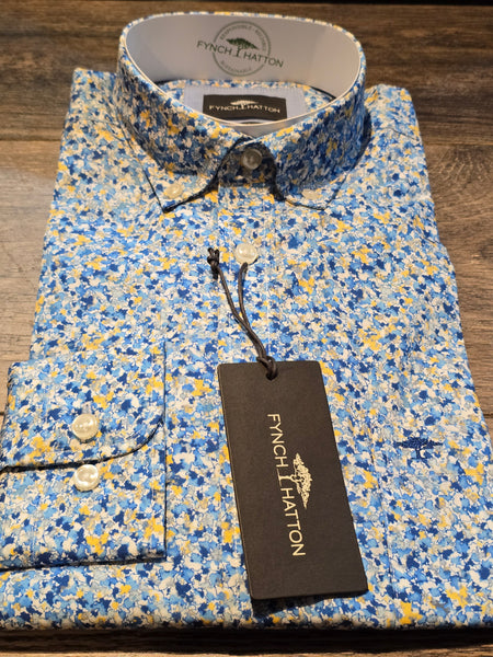 FYNCH-HATTON Button Down Blue/Yellow Floral Print Shirt