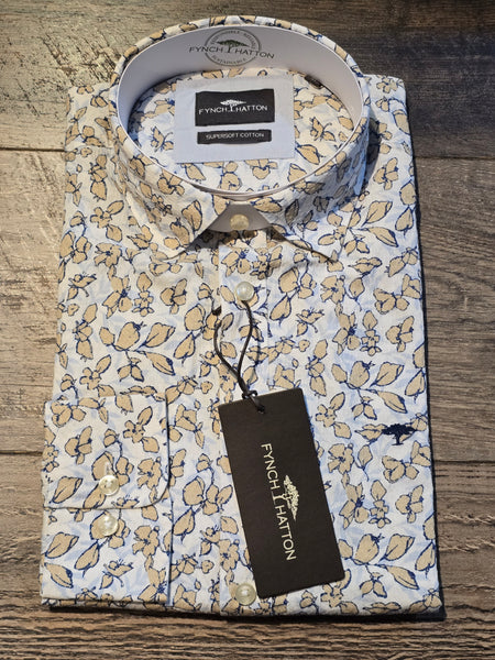 FYNCH-HATTON Seer Sucker Blue/Yellow Floral Print Shirt
