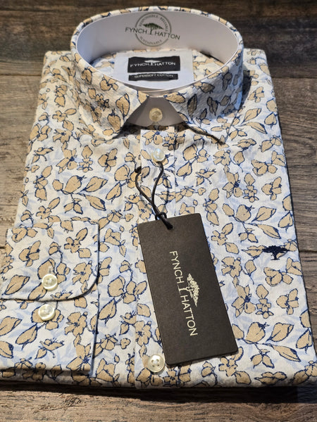 FYNCH-HATTON Seer Sucker Blue/Yellow Floral Print Shirt
