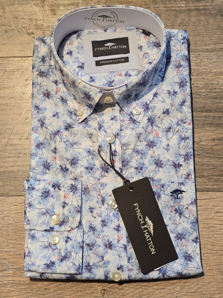 FYNCH-HATTON Button down White/Blue Floral Print Shirt