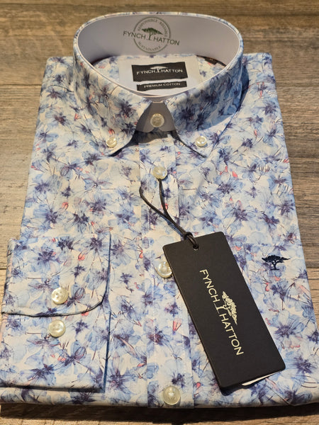FYNCH-HATTON Button down White/Blue Floral Print Shirt