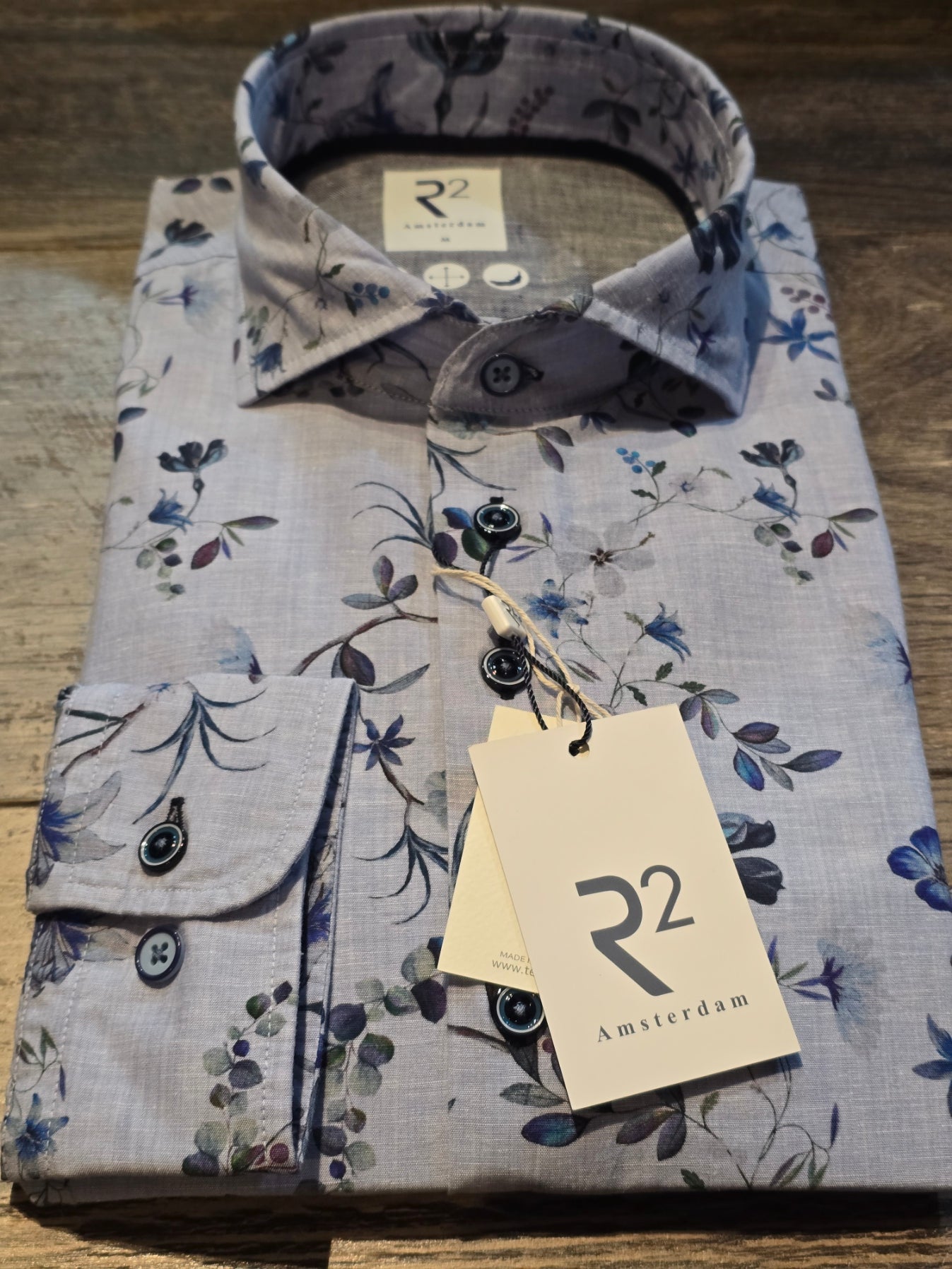 R2 - Amsterdam Long Sleeve Blue Linen Flower Print Shirt