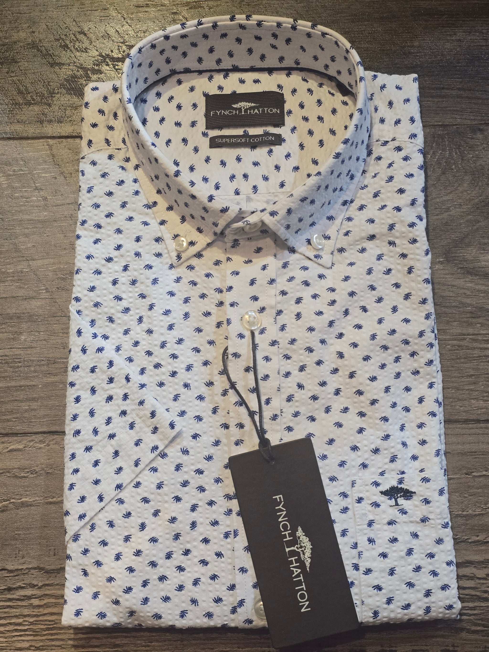 FYNCH-HATTON Short Sleeve Seer Sucker White/Blue Print Shirt