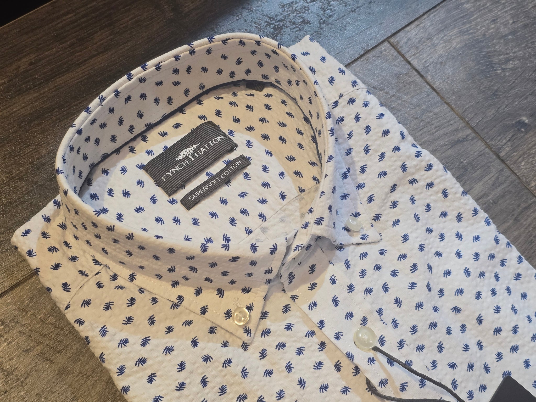 FYNCH-HATTON Short Sleeve Seer Sucker White/Blue Print Shirt