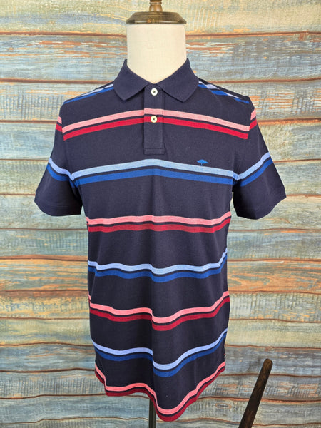 FYNCH HATTON Navy Cotton Polo Shirt with Multicoloured Stripes
