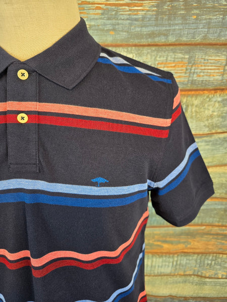 FYNCH HATTON Navy Cotton Polo Shirt with Multicoloured Stripes