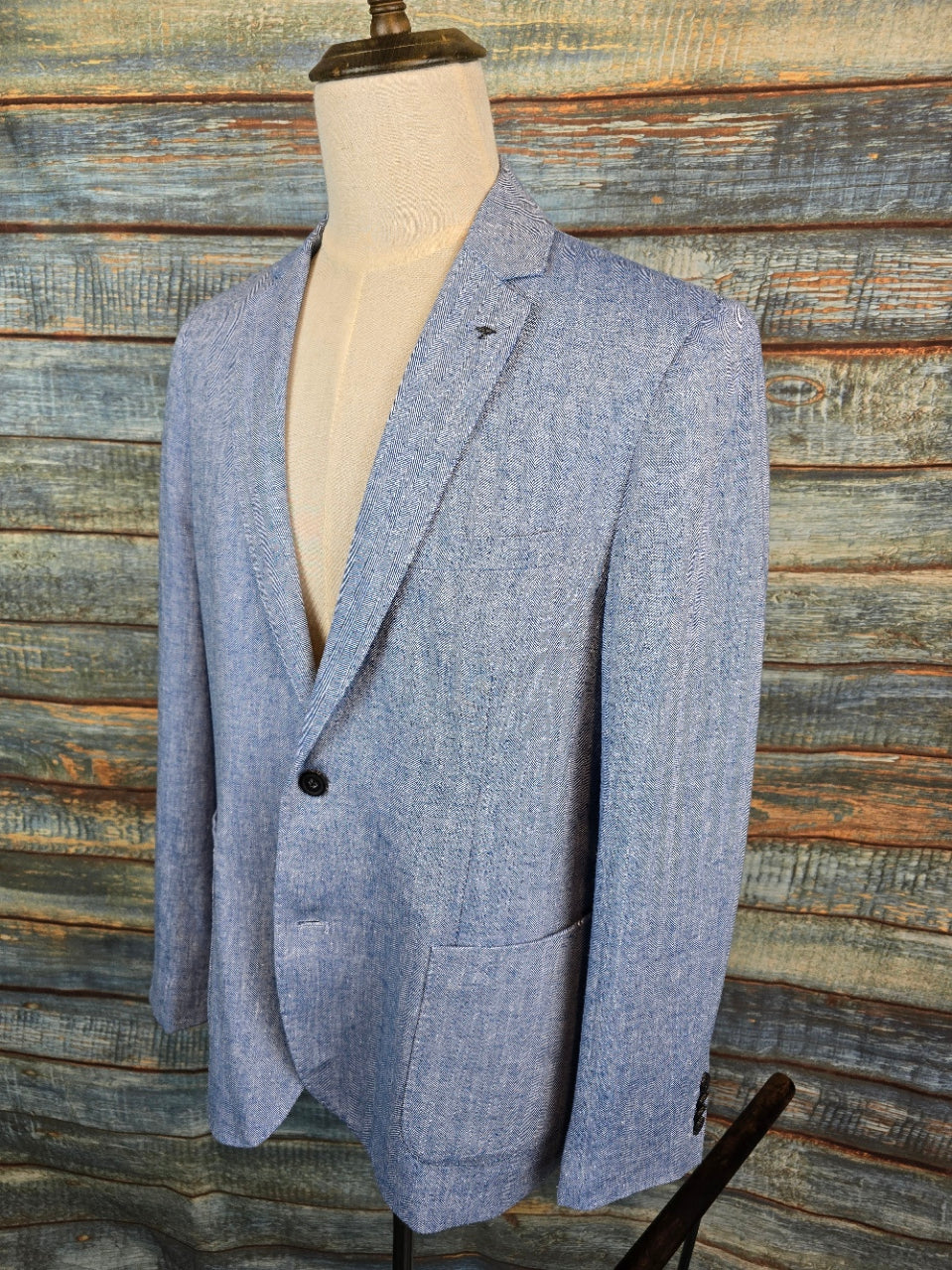 FYNCH-HATTON Light Blue Linen Blend Herringbone Jacket