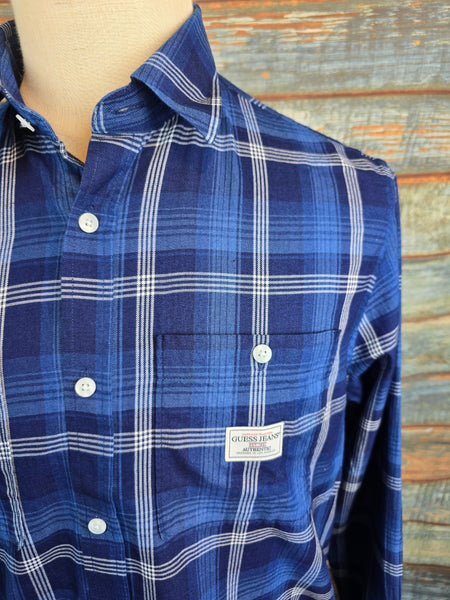 GUESS Jeans Long Sleeve Regular Fit Blue Check Shirt