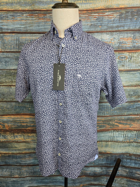 FYNCH-HATTON Short Sleeve Linen blue Print Shirt