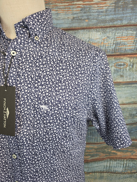 FYNCH-HATTON Short Sleeve Linen blue Print Shirt