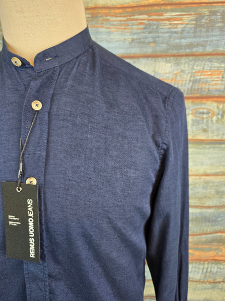 Remus Uomo Navy regular fit cotton-blend grandad collar shirt