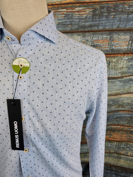 Remus Uomo Tapered fit light blue cotton and linen shirt