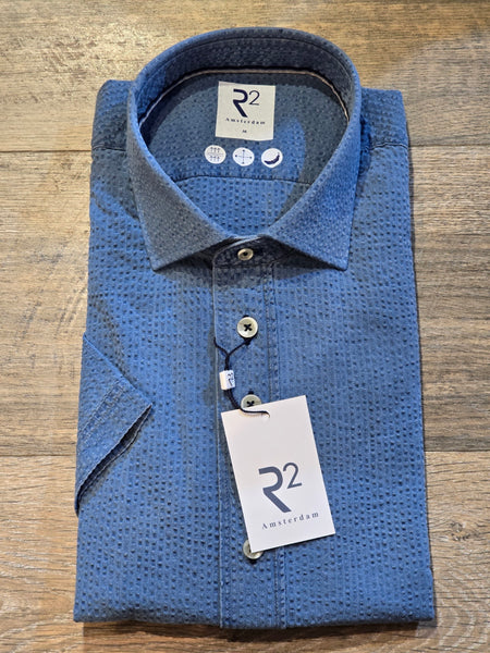 R2 - Amsterdam Short Sleeve Blue Garment washed seersucker shirt