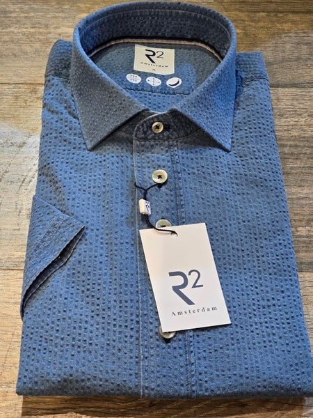 R2 - Amsterdam Short Sleeve Blue Garment washed seersucker shirt