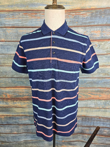 MONTECHIARO Cotton Multi Stripe Navy Polo Shirt