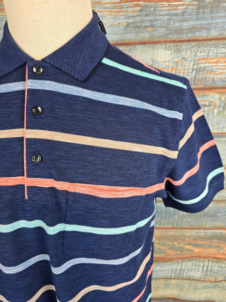 MONTECHIARO Cotton Multi Stripe Navy Polo Shirt