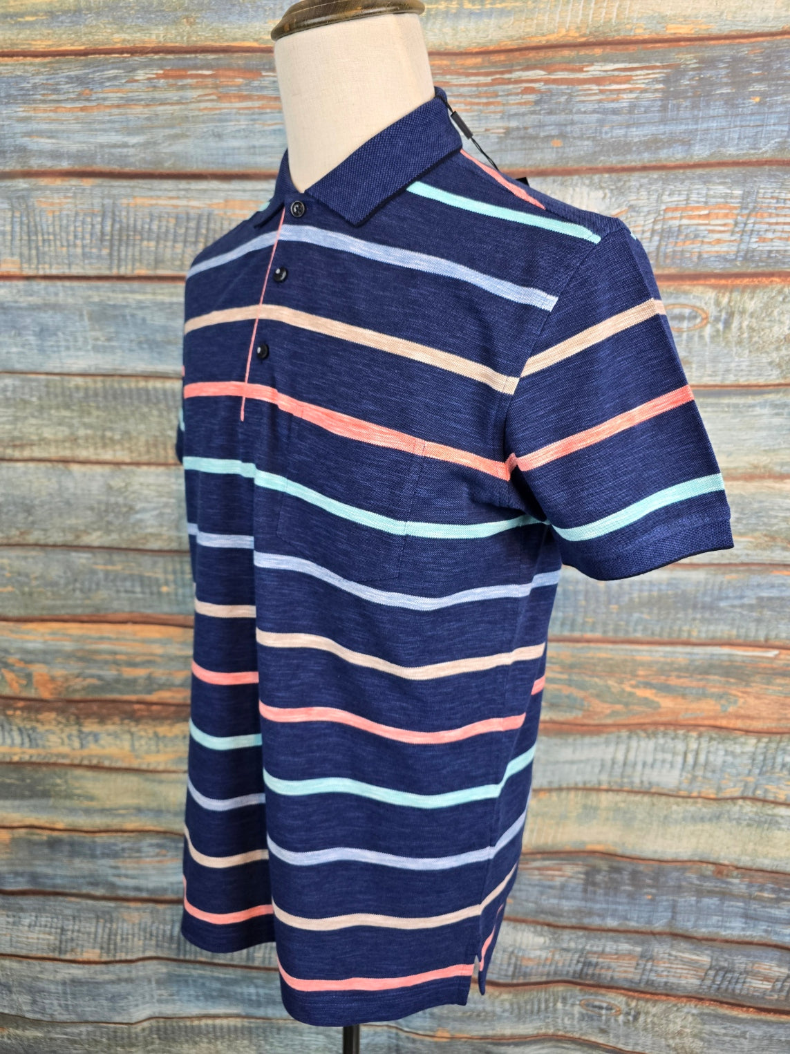 MONTECHIARO Cotton Multi Stripe Navy Polo Shirt