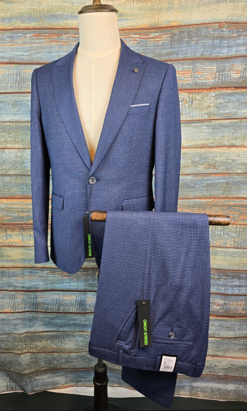 Remus Uomo Navy Slim Fit micro Check Stretch Suit