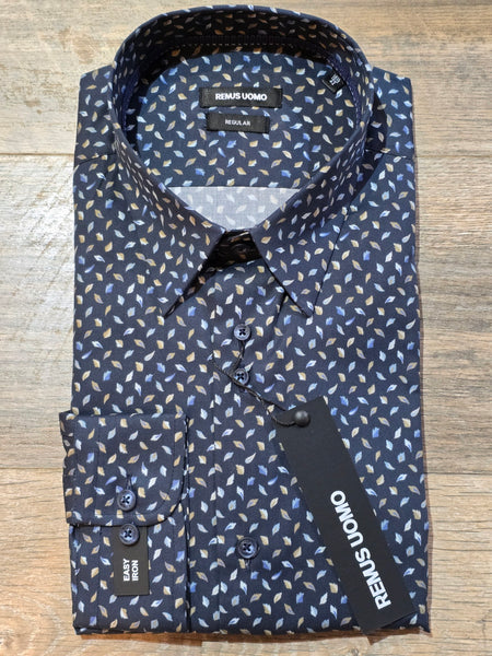 Remus Uomo Regular Navy Leaf print cotton shirt