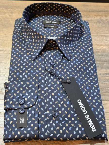 Remus Uomo Regular Navy Leaf print cotton shirt