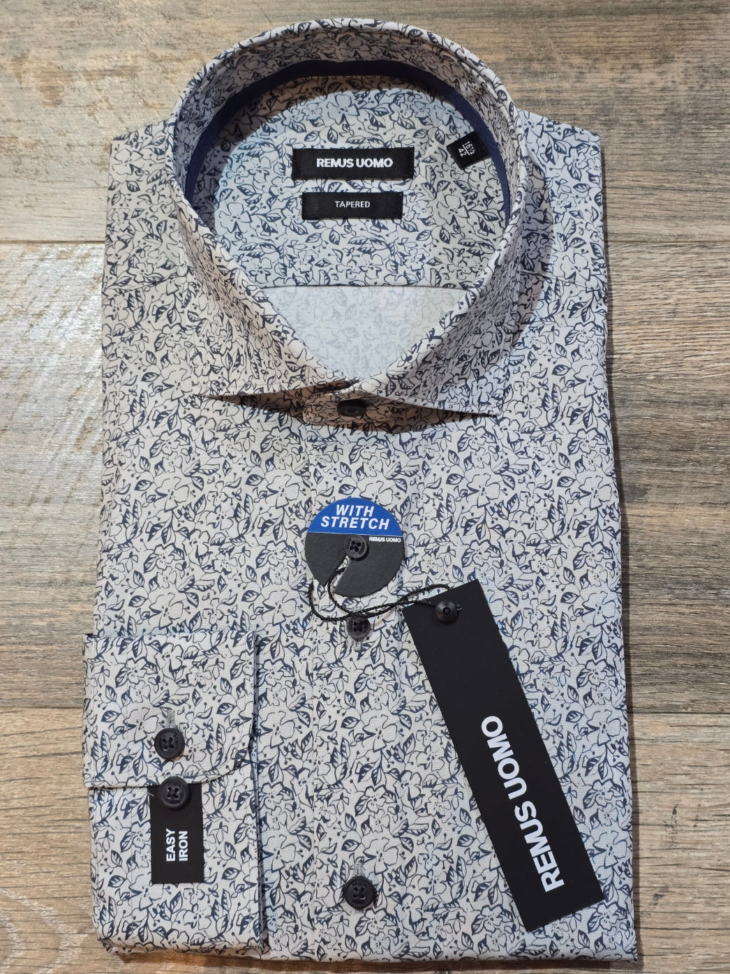 Remus Uomo Tapered Grey flower print cotton shirt