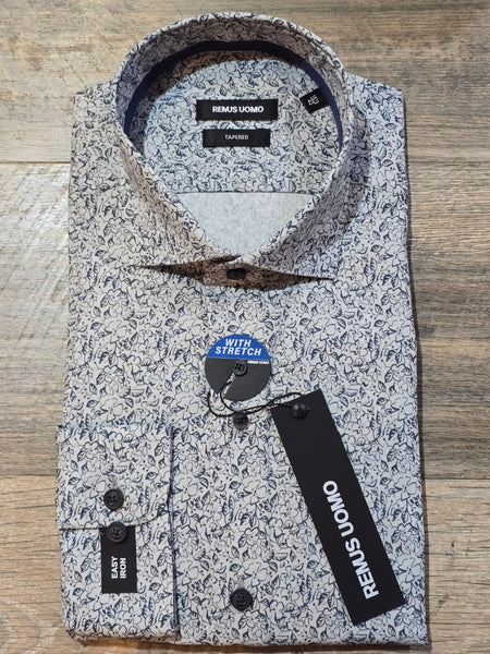 Remus Uomo Tapered Grey flower print cotton shirt