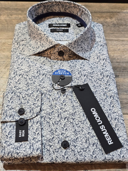 Remus Uomo Tapered Grey flower print cotton shirt