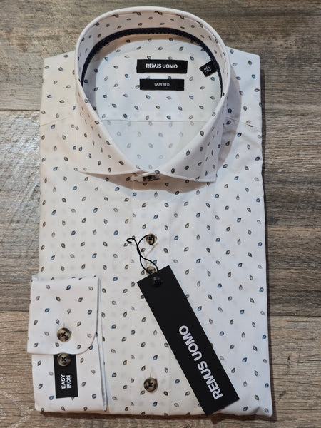 Remus Uomo Tapered White Leaf print cotton shirt