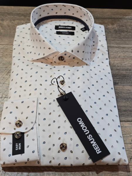 Remus Uomo Tapered White Leaf print cotton shirt