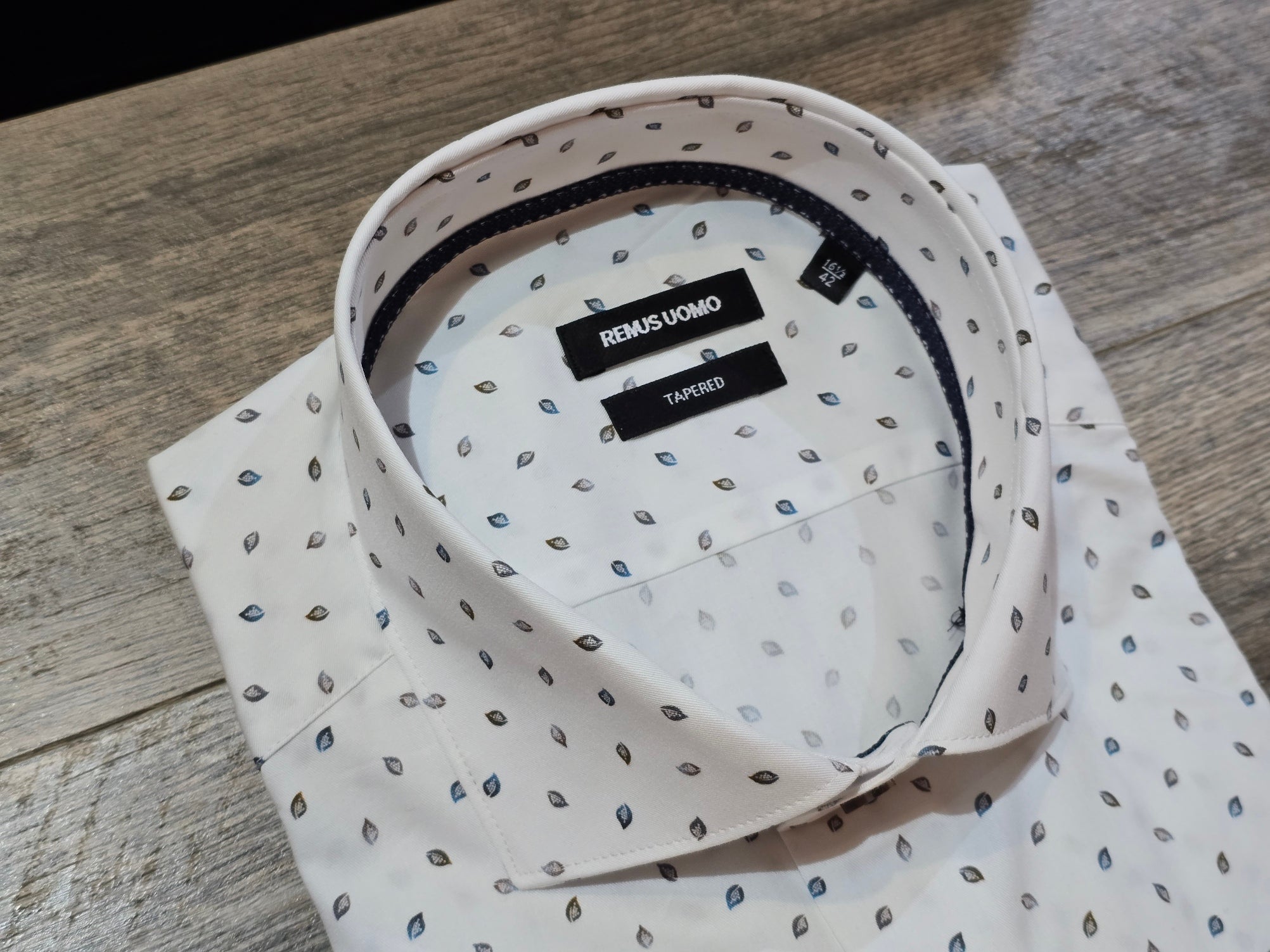 Remus Uomo Tapered White Leaf print cotton shirt