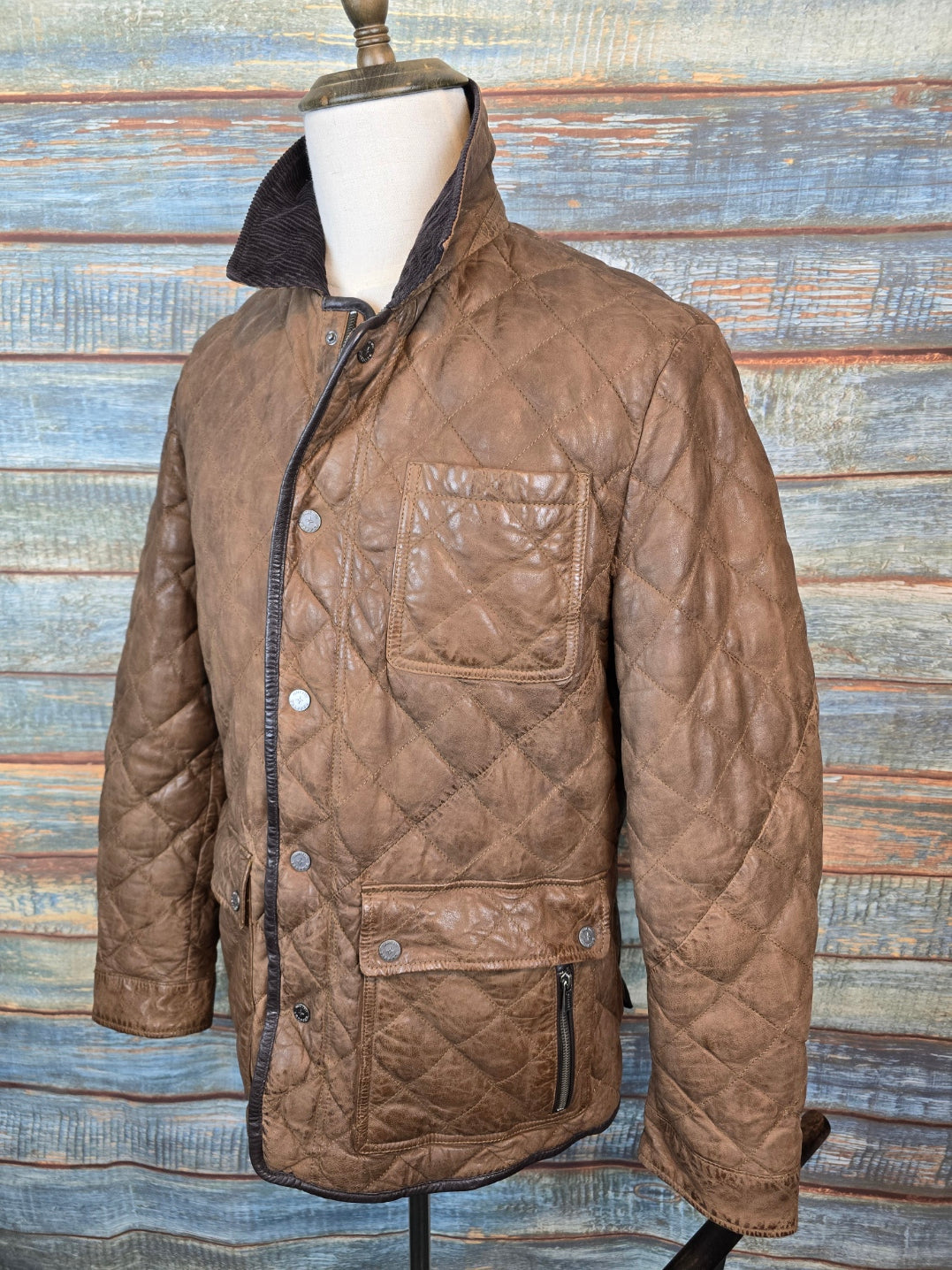 Trapper Quilted 3/4 Buff Leather Jacket - Mid-Brown