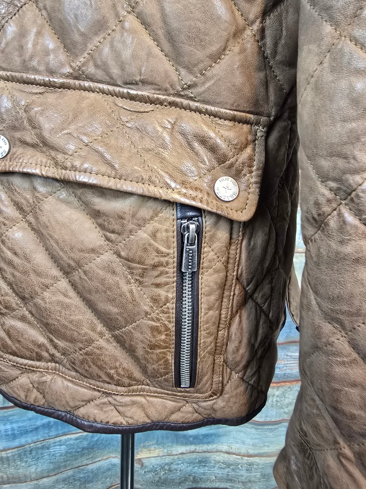 Trapper Quilted 3/4 Buff Leather Jacket - Mid-Brown